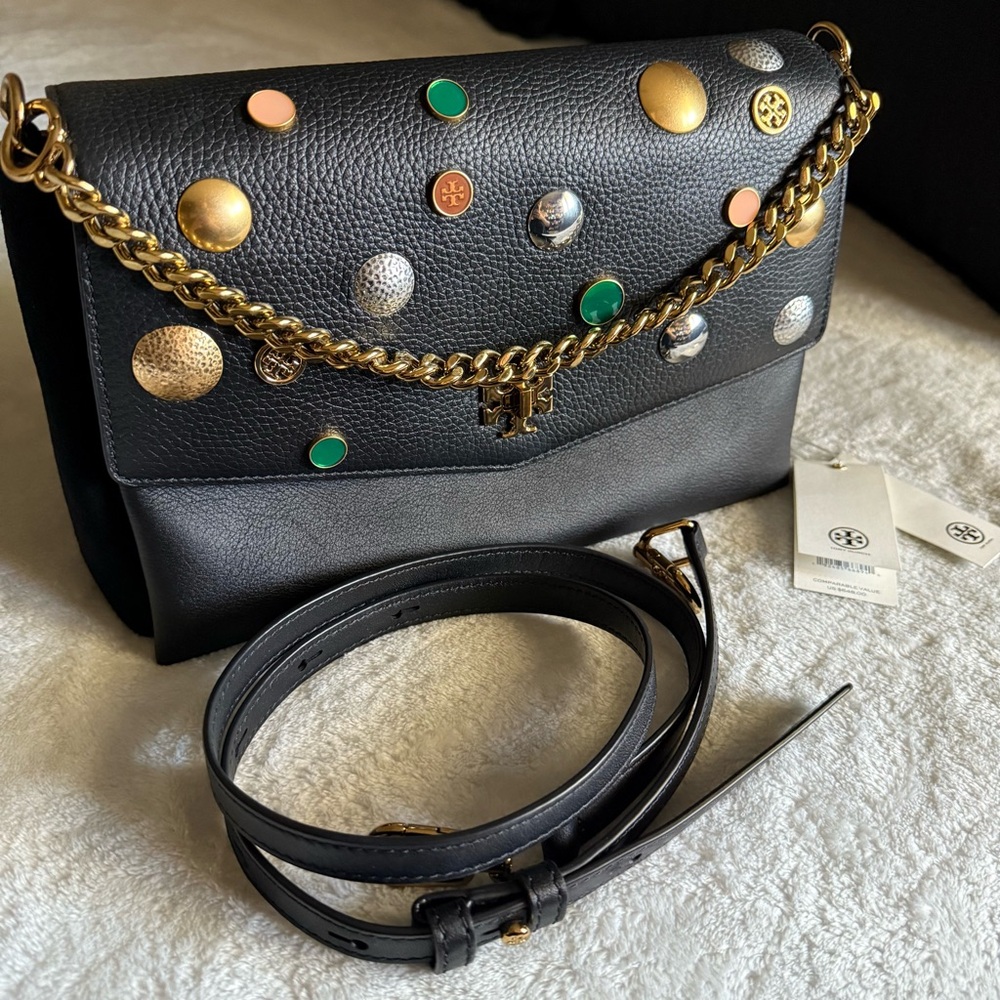 Tory Burch Kira Mixed Materials Embellished Studded Shoulder Bag Black